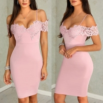 Sexy Off-shoulder Lace Spliced Solid Color Slim Fit Sling Dress