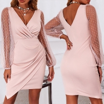 Sexy Lace Spliced Long Sleeve Slit Hem Slim Fit Party Dress