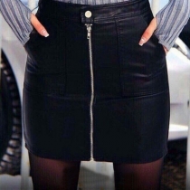 Fashion Solid Color High Waist Slim Fit Skirt