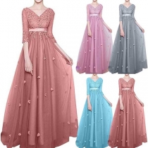 Sexy Backless V-neck Half Sleeve High Waist Lace Spliced Party Dress