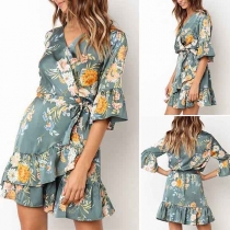 Sweet Style 3/4 Sleeve V-neck Ruffle Hem Printed Dress