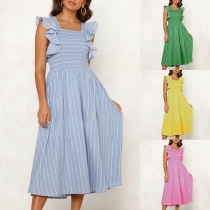 Fashion Sleeveless Square Collar High Waist Ruffle Striped Dress