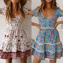 Bohemian Style Short Sleeve V-neck Printed Dress