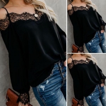 Sexy Backless Off-shoulder Lace Spliced Long Sleeve Sling Top