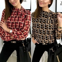 Fashion Long Sleeve Lace-up Stand Collar Printed Blouse