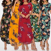 Bohemian Style Short Sleeve Round Neck High Waist Printed Dress
