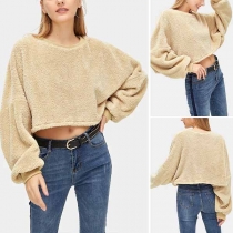 Fashion Solid Color Dolman Sleeve Round Neck Plush Crop Top