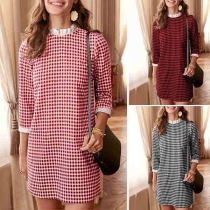 Fashion 3/4 Sleeve Ruffle Stand Collar Plaid Dress