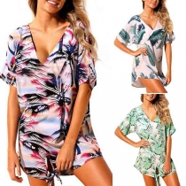 Fashion Short Sleeve V-neck Printed Loose Top