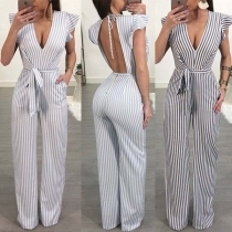 Sexy Backless Deep V-neck Sleeveless High Waist Striped Jumpsuit