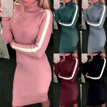 Fashion Contrast Color Long Sleeve Turtleneck Slim Fit Knit Dress