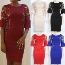 Fashion Sequin Spliced YTrumpet Sleeve Round Neck Slim Fit Dress