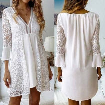 Sexy V-neck 3/4 Trumpet Sleeve Lace Dress