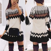Fashion Contrast Color Printed Long Sleeve Round Neck Dress