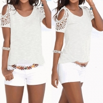 Sexy Off-shoulder Lace Spliced Short Sleeve Round Neck T-shirt 