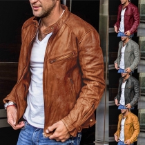 Fashion Solid Color Stand Collar Men's PU Leather Coat