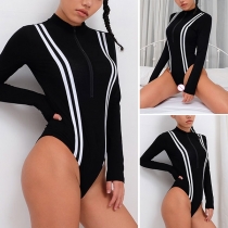 Fashion Striped Spliced Long Sleeve Bodycuit