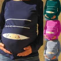 Cute Cartoon Printed Long Sleeve Round Neck Maternity T-shirt