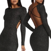 Sexy Backless Long Sleeve Round Neck Tight Dress