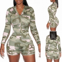 Sexy V-neck Long Sleeve Slim Fit Camouflage Printed Romper