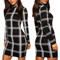 Fashion Long Sleeve Mock Neck Slim Fit Plaid Dress