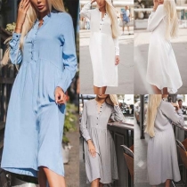 Fashion Solid Color Long Sleeve Stand Collar Dress