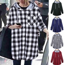 Fashion Long Sleeve Hooded Plush Lining Plaid Coat