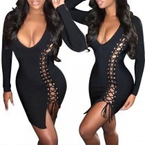 Sexy Deep V-neck Hollow Out Lace-up Long Sleeve Tight Dress