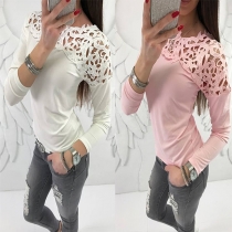 Fashion Lace Spliced Long Sleeve Solid T-shirt 