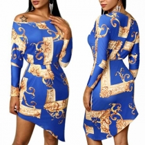 Sexy Oblique Shoulder Long Sleeve Irreular Hem Printed Dress