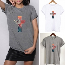 Fashion Cross Printed Short Sleeve Round Neck T-shirt 