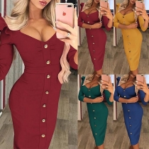 Sexy V-neck 3/4 Sleeve Front-button Solid Color Slim Fit Dress