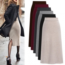 Fashion Solid Color High Waist Slit Hem Skirt