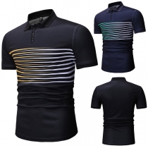 Fashion Striped Spliced Short Sleeve POLO Collar Men's T-shirt 