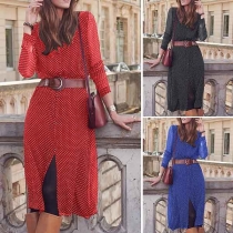 Fashion Long Sleeve Stand Collar Dots Printed Shirt Dress