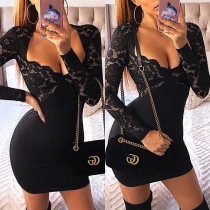 Sexy Deep V-neck Lace Spliced Long Sleeve Tight Dress