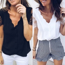 Sexy Lace Spliced Short Sleeve V-neck Solid Color Top