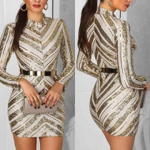 Elegant Long Sleeve Mock Neck Sequin Spliced Slim Fit Dress