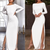 Sexy Slit Hem Long Sleeve Round Neck Solid Color Party Dress