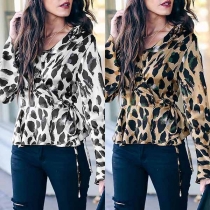 Sexy V-neck Trumpet Sleeve Ruffle Hem Leopard Print Top 