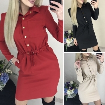 Fashion Solid Color Long Sleeve POLO Collar Drawstring Waist Dress