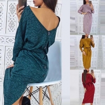 Sexy Backless Long Sleeve Back-button Slit Hem Dress