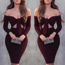 Sexy Off-shoulder Long Sleeve Hollow Out Knotted Tight Dress