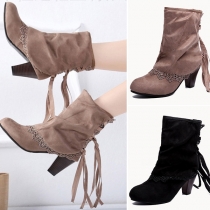 Fashion Thick Heel Round Toe Lace Spliced Tassel Booties