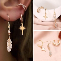 Fashion Rhinestone Inlaid Star Feather Pendant Earring Set 3 pcs/Set