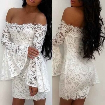 Sexy Off-shoulder Boat Neck Trumpet Sleeve Slim Fit Lace Dress