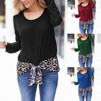 Fashion Long Sleeve Round Neck Leopard Spliced Knotted Hem T-shirt