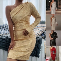 Sexy Oblique Shoulder Long Sleeve Slim Fit Sequin Dress