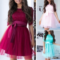 Sweet Style Lace Spliced Half Sleeve Round Neck Princess Dress