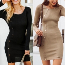 Fashion Solid Color Long Sleeve Round Neck Slim Fit Knit Dress